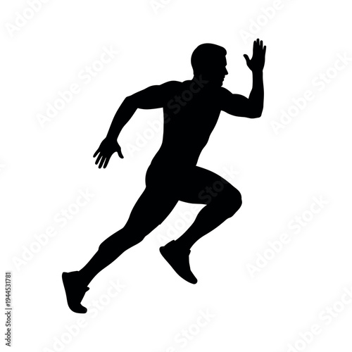 A minimalist black silhouette of a muscular male athlete captured in a dynamic sprinting pose