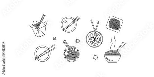 A collection of black and white line art illustrations depicting various asian noodle dishes and related items Vector, illustration