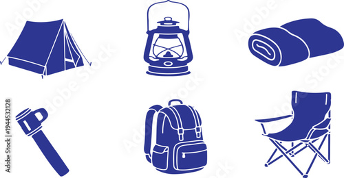 Blue camping on white background tent lantern sleeping bag folding chair