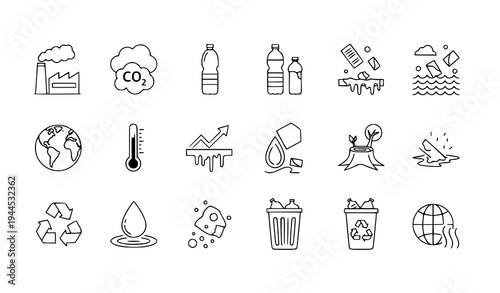 Environmental pollution and climate crisis line icon set with plastic waste CO2 emissions and ecology problems