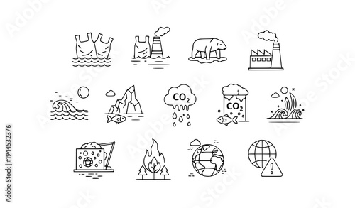 Global warming and environmental pollution outline icons plastic waste ocean contamination vector set