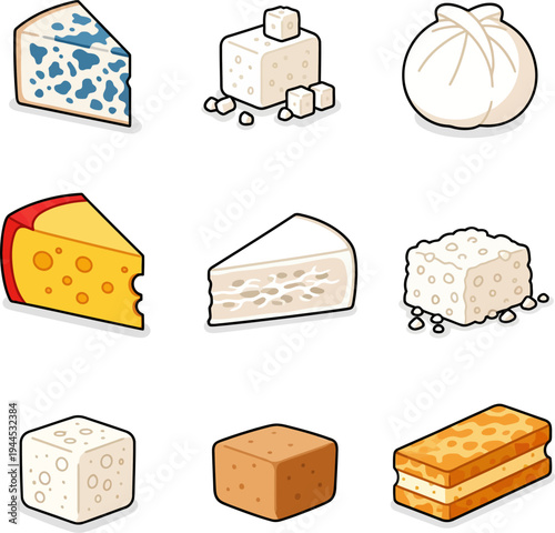 Collection of various cheese types and cheese products