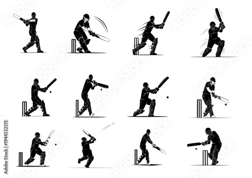 Cricket Batting Shots Black Silhouette Vector Set, Batsman Action Poses Collection