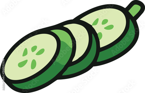 A flat vector illustration of a partially sliced cucumber showing several round slices in a simple minimal cartoon style.