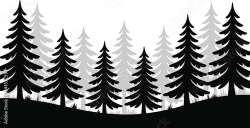Lush forest scene with evergreen trees in silhouette, a black and white illustration with layered shades, perfect for natural backdrops and seasonal designs.