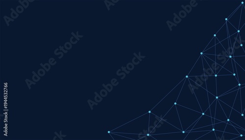 Digital network connections and data exchange on a dark blue background with glowing blue dots and lines
