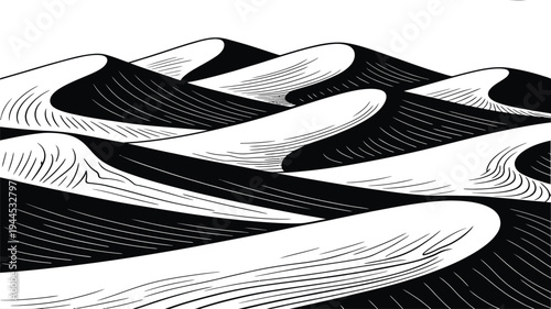 Stylized desert dunes, flowing black and white graphic illustration depicting sand formations with textured lines, evoking vastness and arid landscapes.