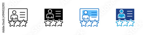 User Rating Multiple Style Icon Design Vector - User profile card with star ratings representing customer review scoring, reputation evaluation, and service quality assessment