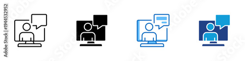 User Consultation Multiple Style Icon Design Vector - Person on monitor with speech bubble representing online consultation, customer communication, and virtual support interaction