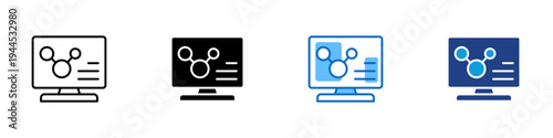 Data Analysis Multiple Style Icon Design Vector - Computer monitor with connected nodes representing data analysis, digital network insights, and analytical visualization