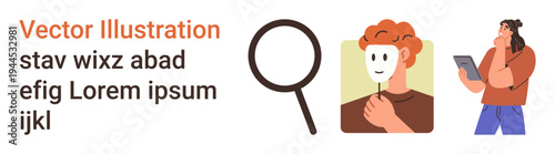 Identity verification, self-perception, communication, personal analysis, digital interactions, relationships. A person holds a mask hidden identity near a magnifying glass. Identity verification