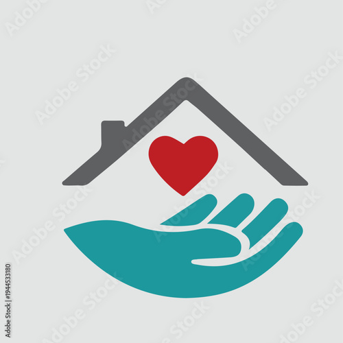 House with heart inside house and caring hand, vector sign. 