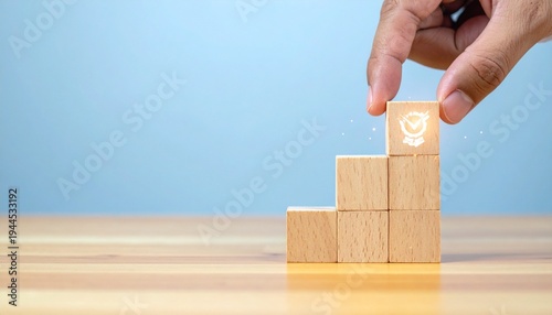 Close-Up of a Hand Placing a Glowing Checkmark Wooden Block on a Pyramid Stack Against a Soft Blue Background