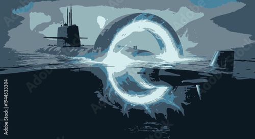 Submarine Emerges From Ocean Depths, Naval Warfare Concept