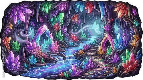 Enchanted Crystal Cavern with Luminous Stream