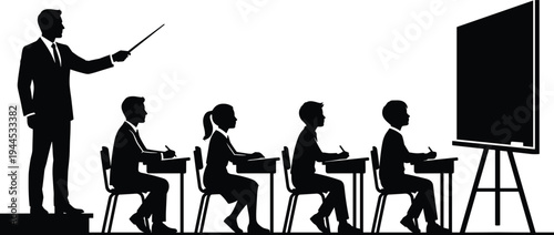 Silhouette classroom illustration with teacher pointing stick at blackboard, students writing notes at desks, traditional education concept