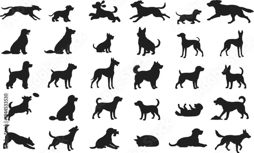 Black and white vector silhouettes of diverse dog breeds in various poses including running jumping sitting and playing for pets.