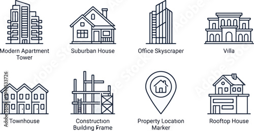 Residential and commercial building line icons for web and print design