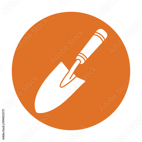 Vector icon of a white hand trowel on an orange circular background