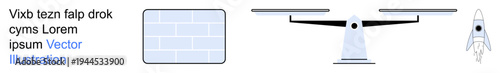 Aerospace technology, surveillance, quadcopter applications, structural design, engineering, modern innovation. Rocket, Quadcopter and brick wall elements. Aerospace technology and surveillance