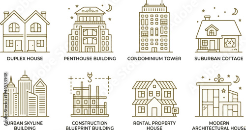 Vector line art collection of houses, apartments and office buildings
