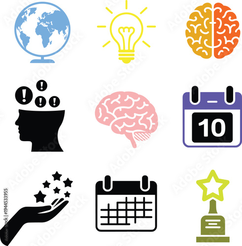 Creative thinking and idea concept illustration set with brain icons, light bulb, globe, calendar, achievement star, innovation symbols