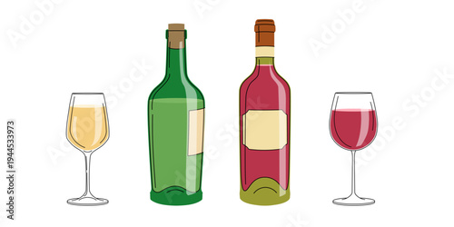 Set of red and white wine with glasses. Alcoholic drinks in flat minimalistic style for poster, bar menu, print designs. Vector illustrations.
