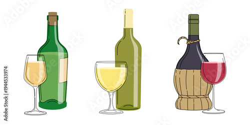 Set of red and white wine with glasses. Alcoholic drinks in flat minimalistic style for poster, bar menu, print designs. Vector illustrations.