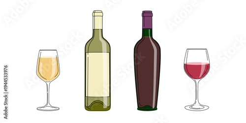 Set of red and white wine with glasses. Alcoholic drinks in flat minimalistic style for poster, bar menu, print designs. Vector illustrations.