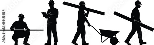 Silhouette construction workers with hard hats performing tasks, teamwork labor carrying beams wheelbarrow measuring inspecting building site illustration