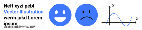Emotions, data analysis, mood variations, happiness, sadness, education. Two blue icons of a happy and a sad face with a line graph. Emotions and data analysis conceptual illustration