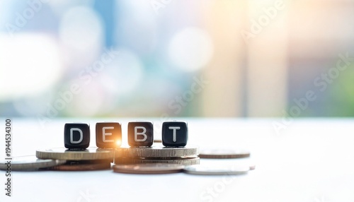 Stacks of Silver and Gold Coins with Black Lettered Dice Spelling Out the Word Debt Symbolizing Financial Management Personal Loans and Economic Challenges in a Modern Business Context