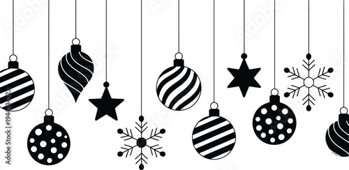 A stylish black and white border of hanging Christmas ornaments, stars, and snowflakes, perfect for festive designs.