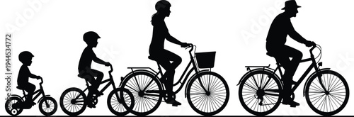 Silhouette family cycling progression with child tricycle, kids bicycle, adults riding bikes, generational growth lifestyle concept illustration