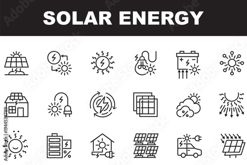 Solar Energy Icon Set, Renewable Sustainable Power Thin Line Icons, Solar Panel, Green Technology, and Eco Friendly Energy Resource Symbols