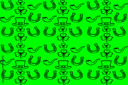 St. Patrick’s Day seamless pattern with horseshoes, shamrocks, leprechaun hats, and lucky symbols on bright green background.