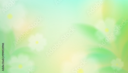 Pastel turquoise‑green gradient background with abstract leaf blur effect, soft summer sunlight, blurry white floral elements and natural botanical vector illustration