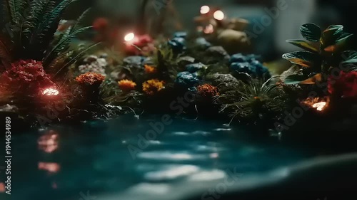 Enchanting miniature ecosystem: shimmering water reflects glowing floral landscape with captivating light and shadow interplay