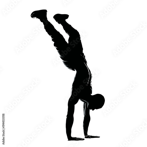 Silhouette of a man performing a handstand against a white background, showcasing strength and balance.