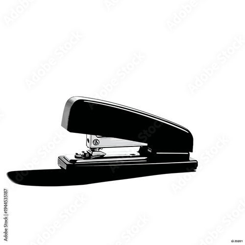 A black office stapler casting a shadow on a white background, isolated object.