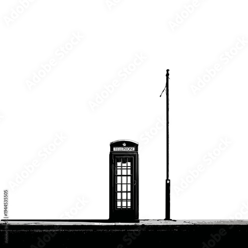 Minimalist black and white image of a classic British red telephone box next to a lamppost on a bright white background.