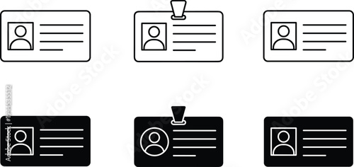 ID card icons, identification badge symbols, profile design illustration, user interface graphic, personal identity concept, editable stroke vector collection