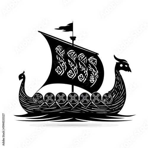 Stylized black silhouette of a Viking longship sailing on water, with a dragon head prow and a patterned sail.