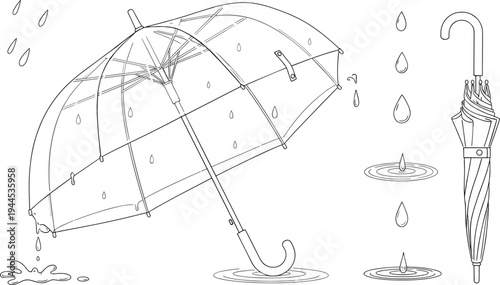 Transparent umbrella with raindrops and folded umbrella line illustration for rainy weather protection concept isolated vector drawing