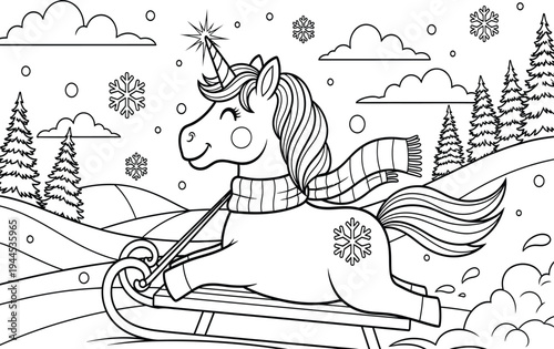 Unicorn riding sled winter wonderland coloring page for kids