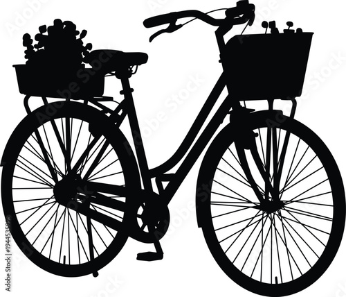 Vintage bicycle with baskets and flowers silhouette illustration, classic city bike transport, eco friendly cycling lifestyle vector design