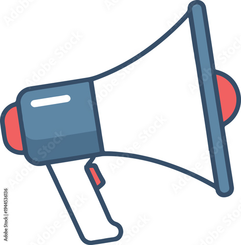 A blue and white megaphone with sound waves