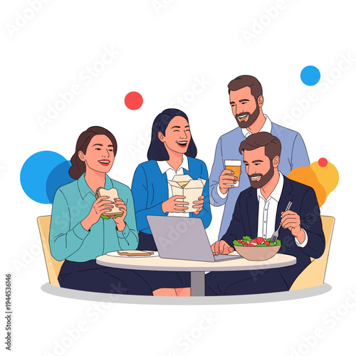 Coworkers eating lunch together during work break