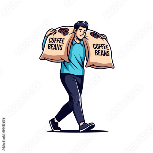 Man carrying two sacks of coffee beans over shoulders