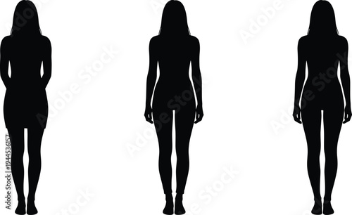 Black and white vector silhouettes of slim women standing in various poses facing forward for fashion lifestyle or character design.